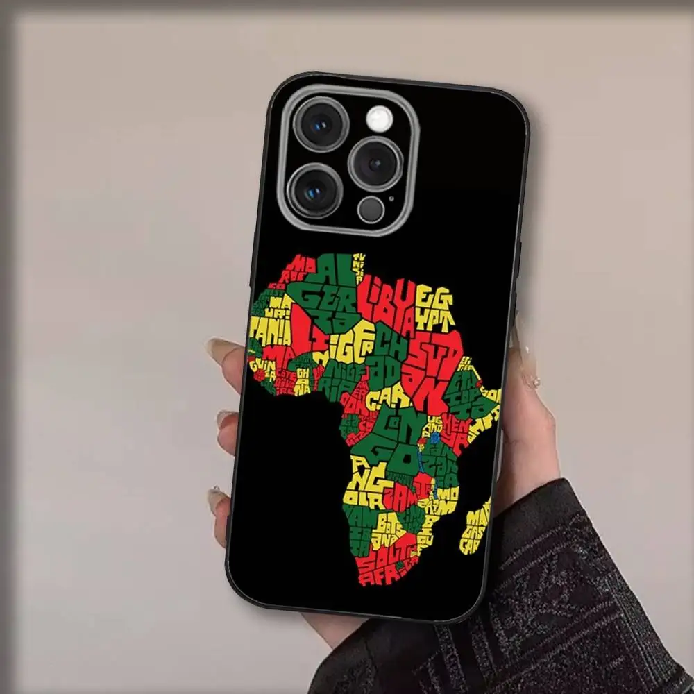 حافظة هاتف Geogra لخريطة أفريقيا لهاتف iPhone16,15,14,13,12,11,Pro,Max,Plus,X,XS,SE4,E,Mini,Soft Black Case
