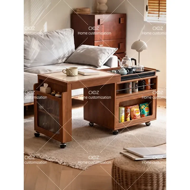 Retractable Coffee Table Tea Table Integrated Solid Wood Mobile Tea Cart for Small Apartment Living Room