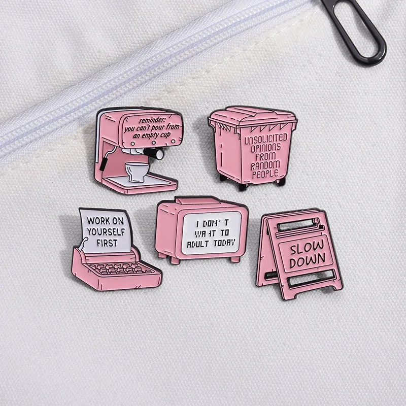 Cartoon Pink Coffee Machine Slow Down Warning Signs Enamel Pins Decorative Backpack Lapel Badge Brooches Jewelry Gift Ornaments