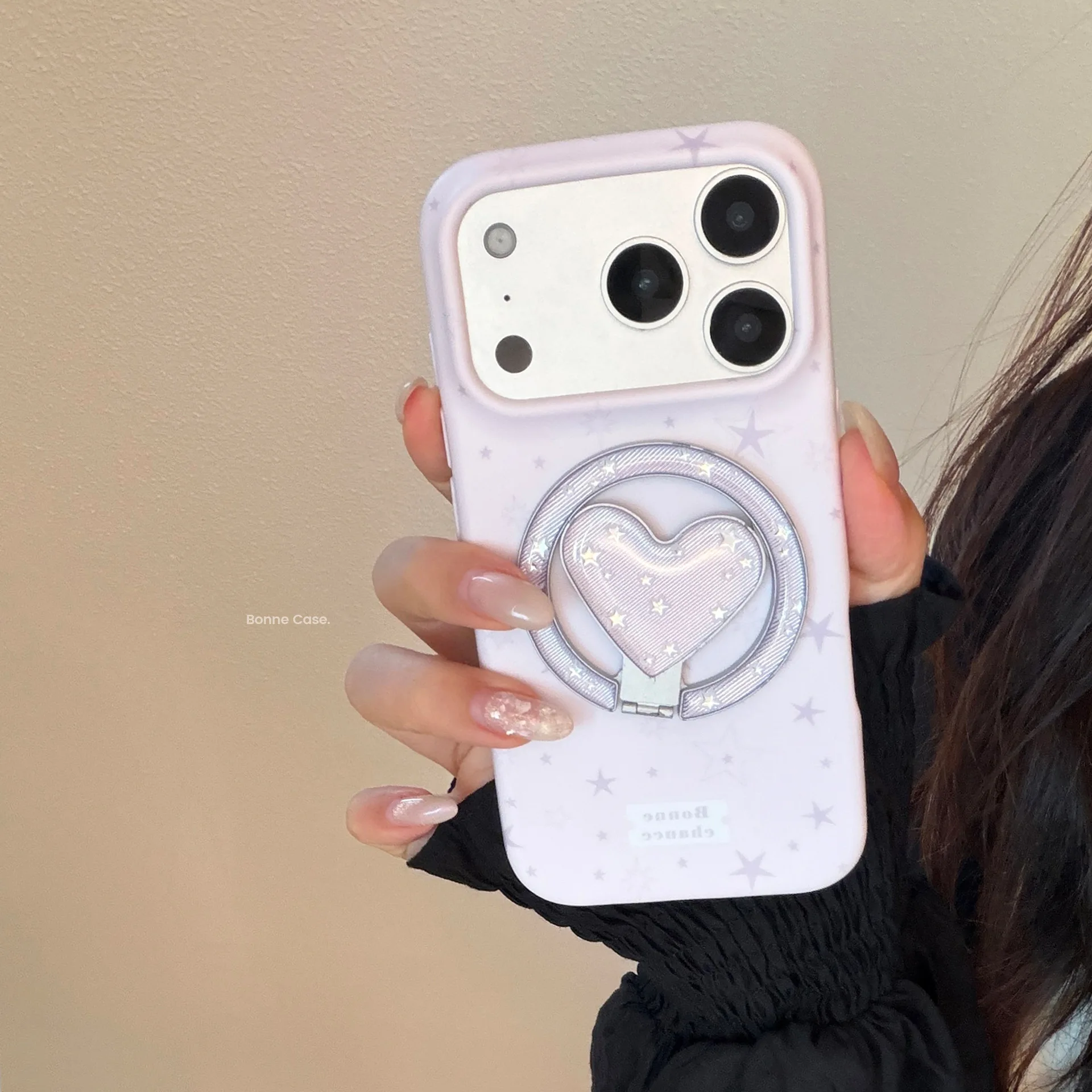 Korean Purple Stars Fold Love Heart Magnetic Bracket Phone Case for iPhone 17 16 15 14 Pro Max Shockproof Protective Soft Cover view 3