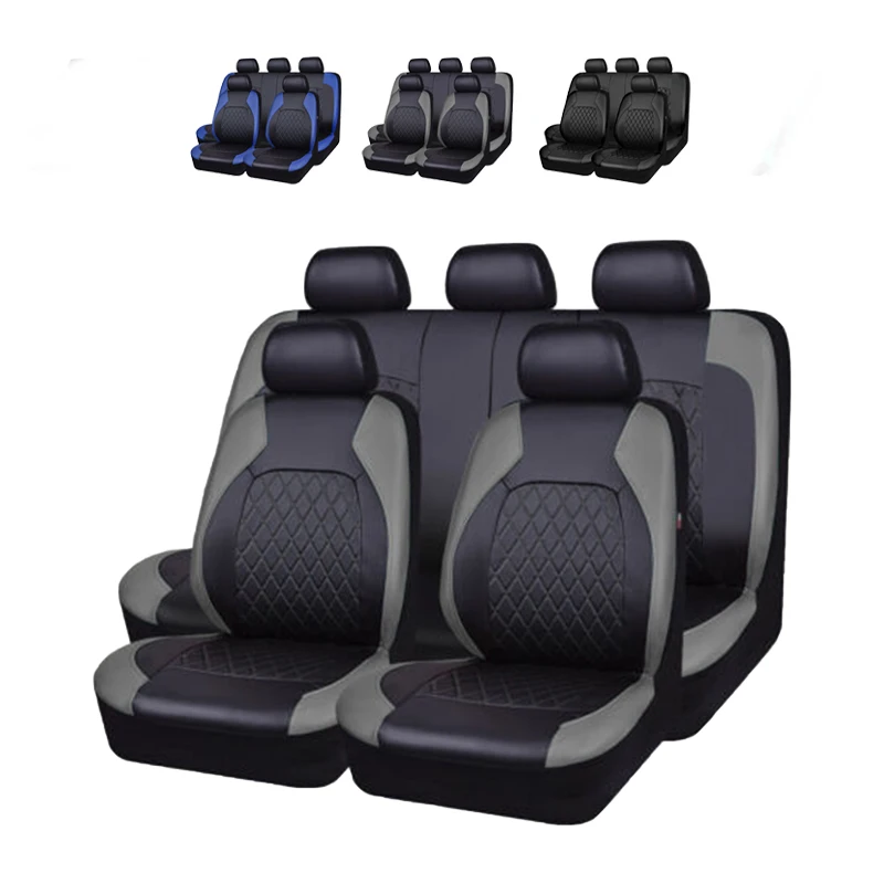 Image of 9-teiliges Autositzbezug-Set, wasserdicht, rutschfest, PU-Leder, Sitzschutzbezüge, Sicherheitsgurte, kompatibel mit universellen Autos