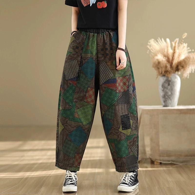 

2025 Ethnic Style Spring Elastic Waist Retro Print Jeans Women's Loose Vintage Washed Denim Harem Pants Straight-leg Trousers
