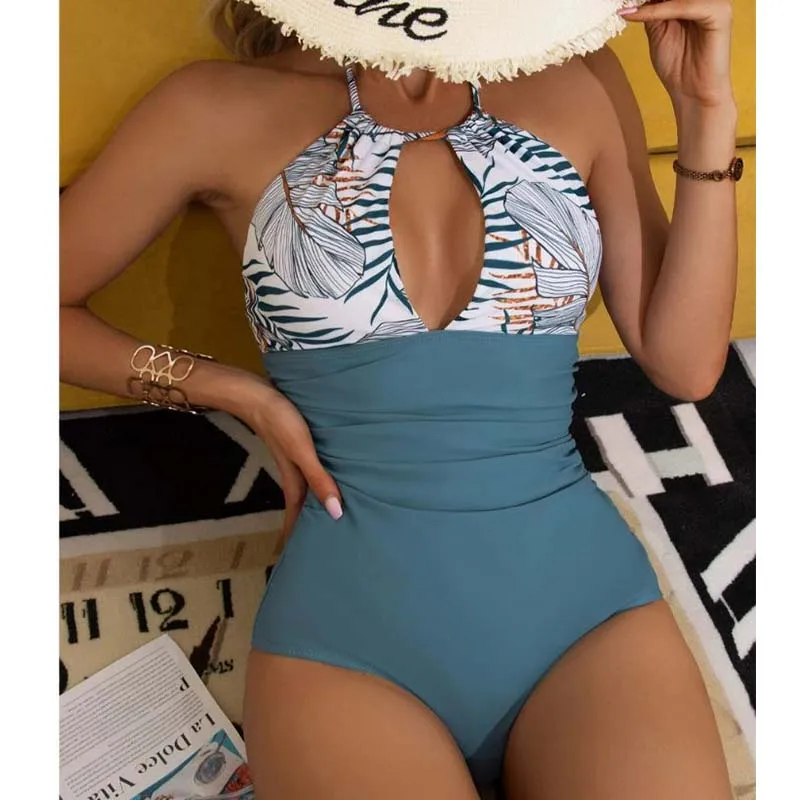 

Printed Summer Lady One Plus Bodysuit Harlter Women Beachwear One Piece Bathing Outfits Swimsuit Set