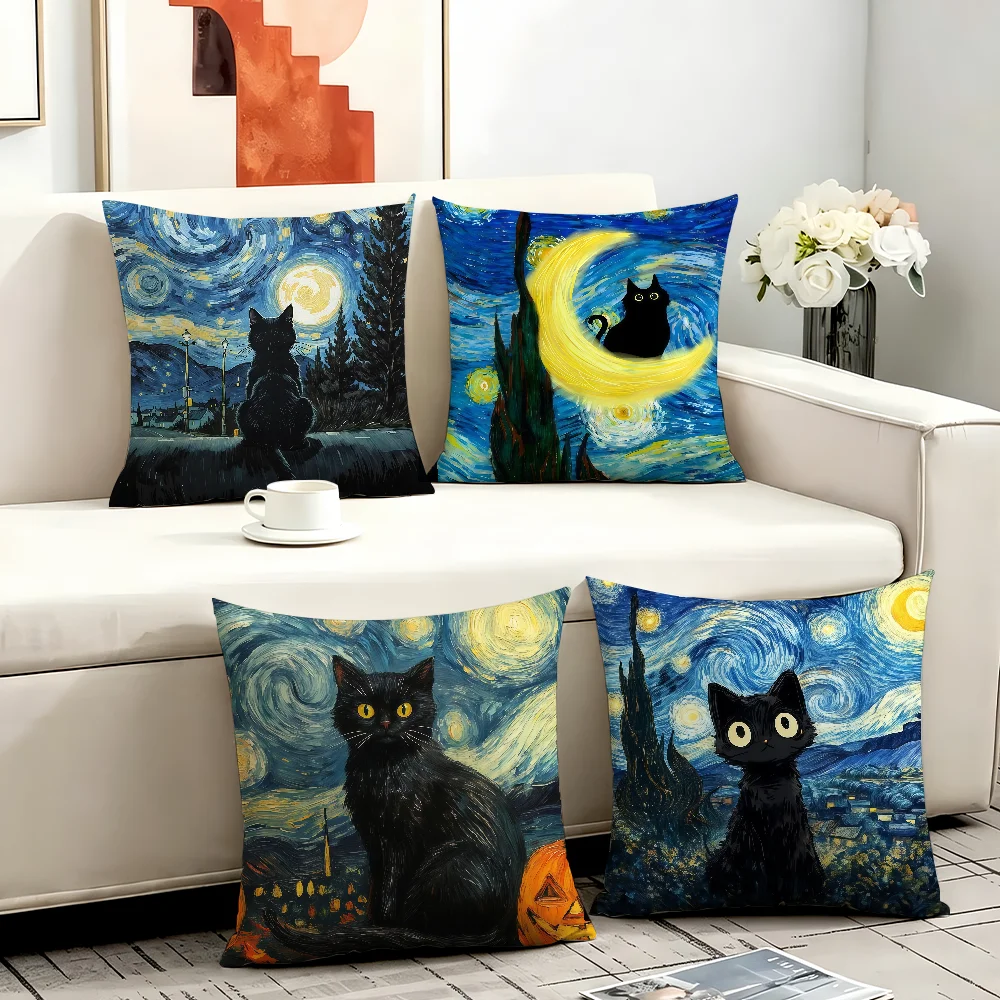 Black Cat Painting Cushion Cover Anti-Dustmite Sofa Cushion Decorative Office Cover Lounge Area Indoor & Outdoor Use