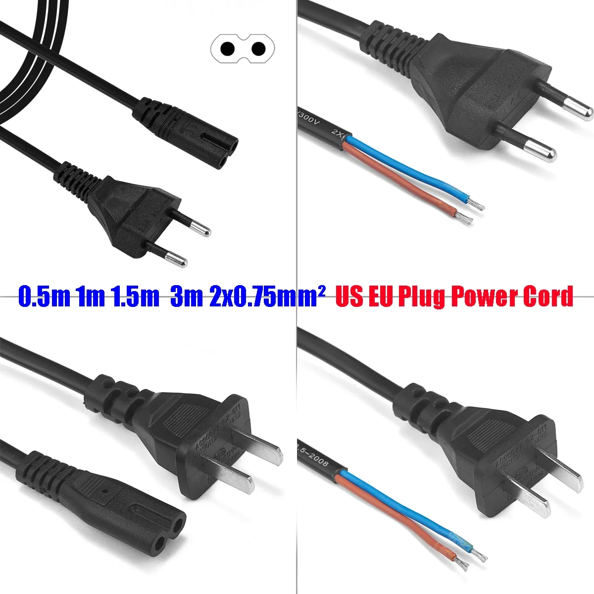 EU Extension Power Cord 2 Pin IEC320 C7 Power Supply Cord Figure 8 Laptop Power Cable For Sony Samsung LG Philips TV PC Monitor