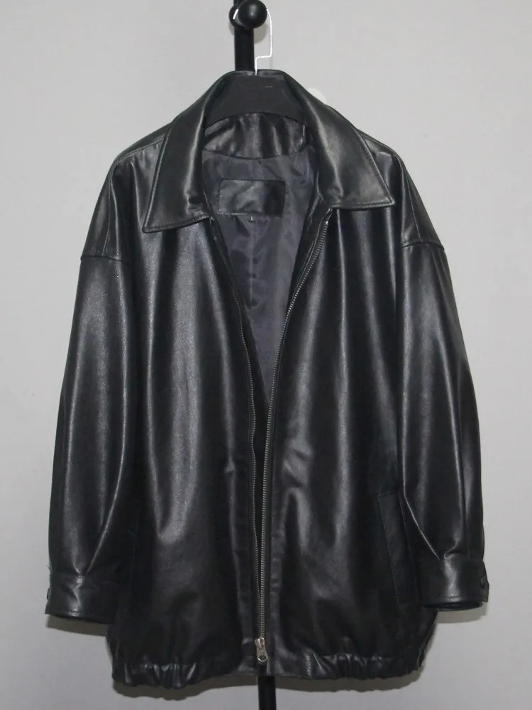 ワンサイズレディースブラックナチュラルシープスキンジャケット秋冬ジッパールーズリアルレザーコートワークレディースラペルカジュアルジャケット