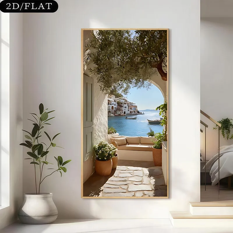 2D Flat,  Frameless Canvas Wall Art Print Featuring a Mediterranean Seascape with White Buildings And Boats, Vibrant Colors, Mod