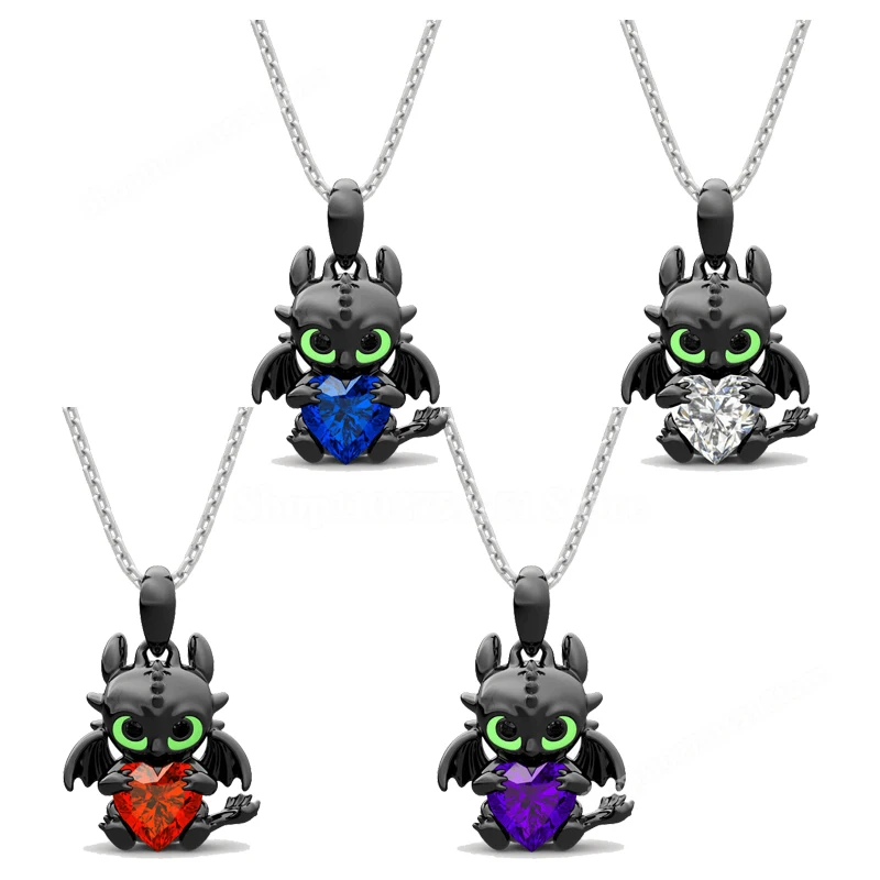 Cartoon Dragon Toothless Necklace Cute Monster with Love Diamond Pendants Couples Valentines Day Gift Boys Girls Fashion Jewelry