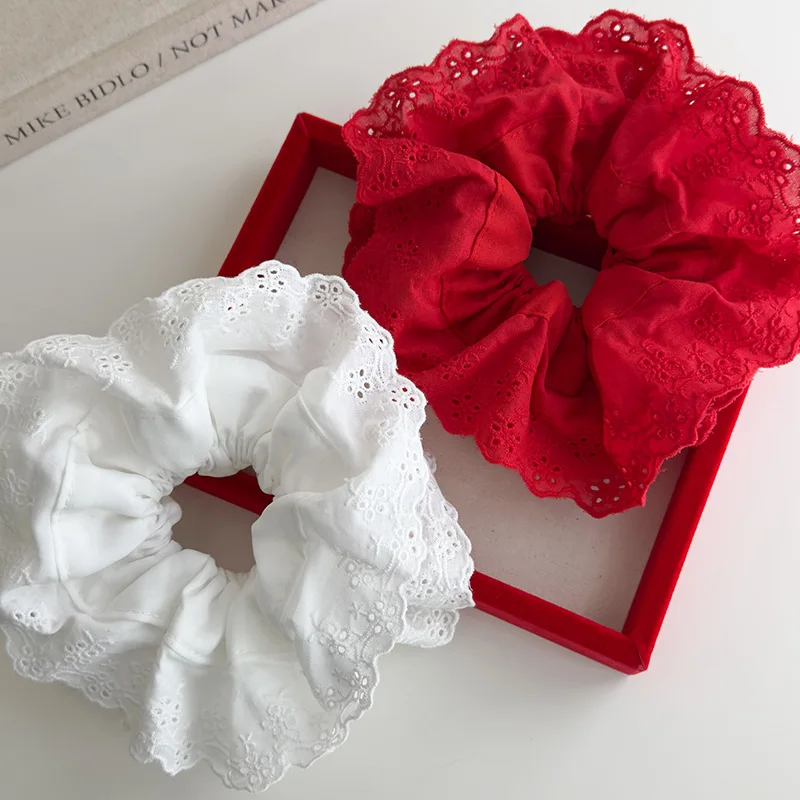 

18cm Oversize French Women Hair Scrunchies Red White Four-Layer Floral Embroidery Elastic Hair Bands Korea Girl Hair Accessoires