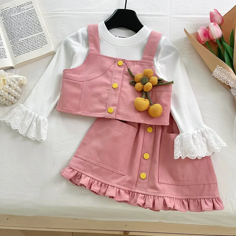 

Children's Outfit Skirt New Spring Girls' Denim Strap Dress with Long Sleeve Base Shirt Baby Retro Set