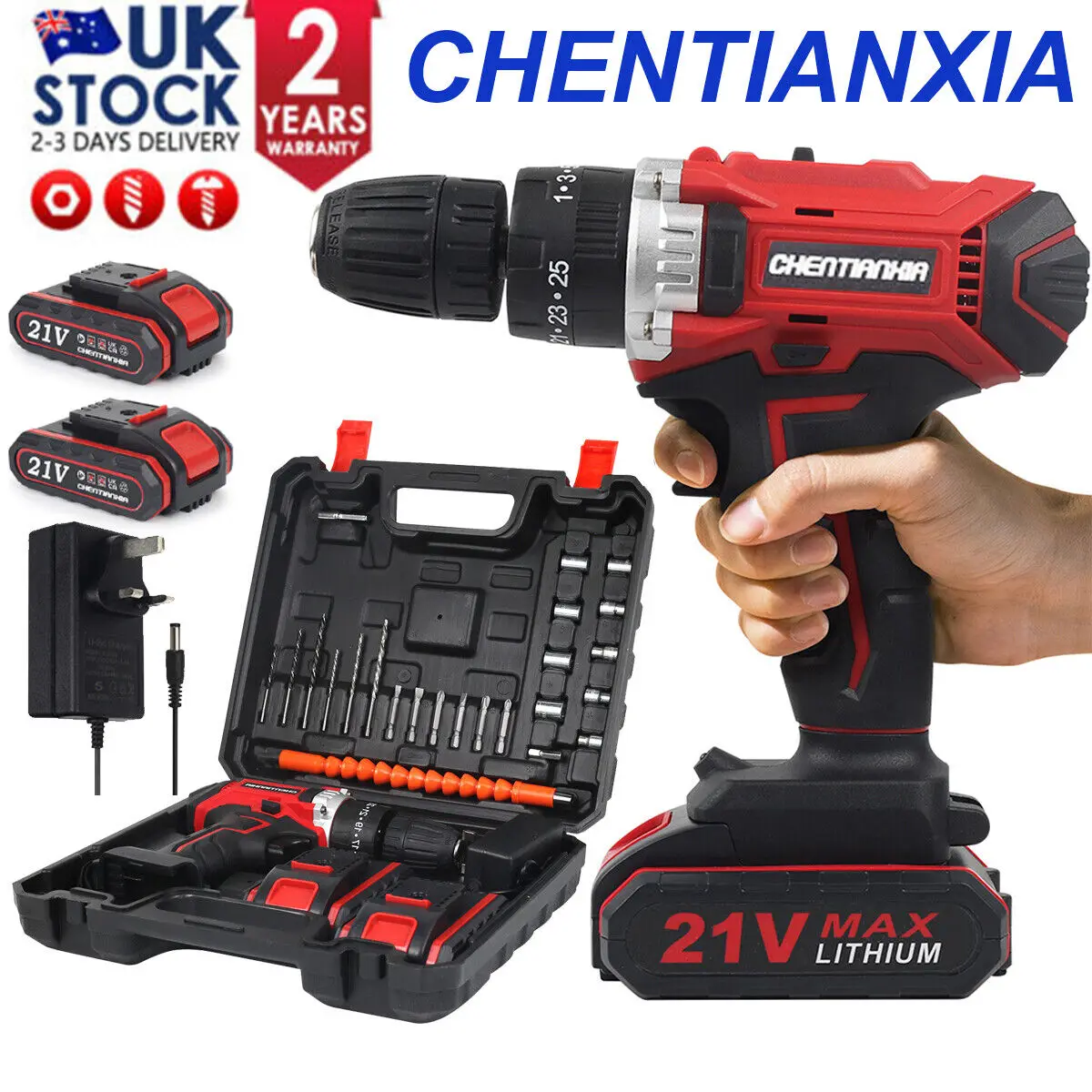 21V Cordless Hand Drill Combi Hammer Impact Drill Driver Electric Screwdriver 2 Battery Set