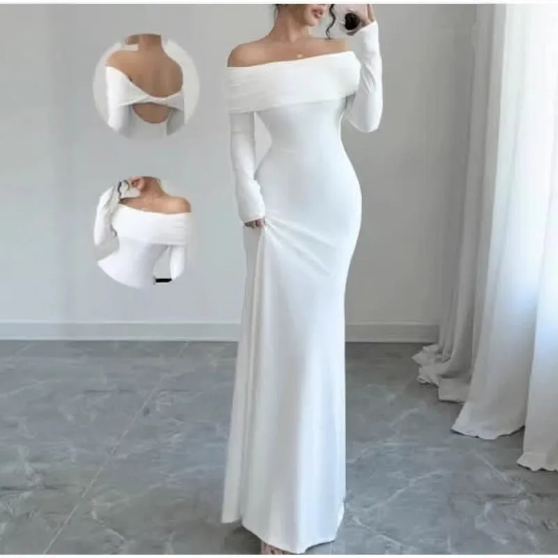 

Tsiisd Fashion Knitwear One-Shoulder Long Dress Women Slim High-Waist Patchwork Solid Party Evening Dress 2026 Female Long Dress