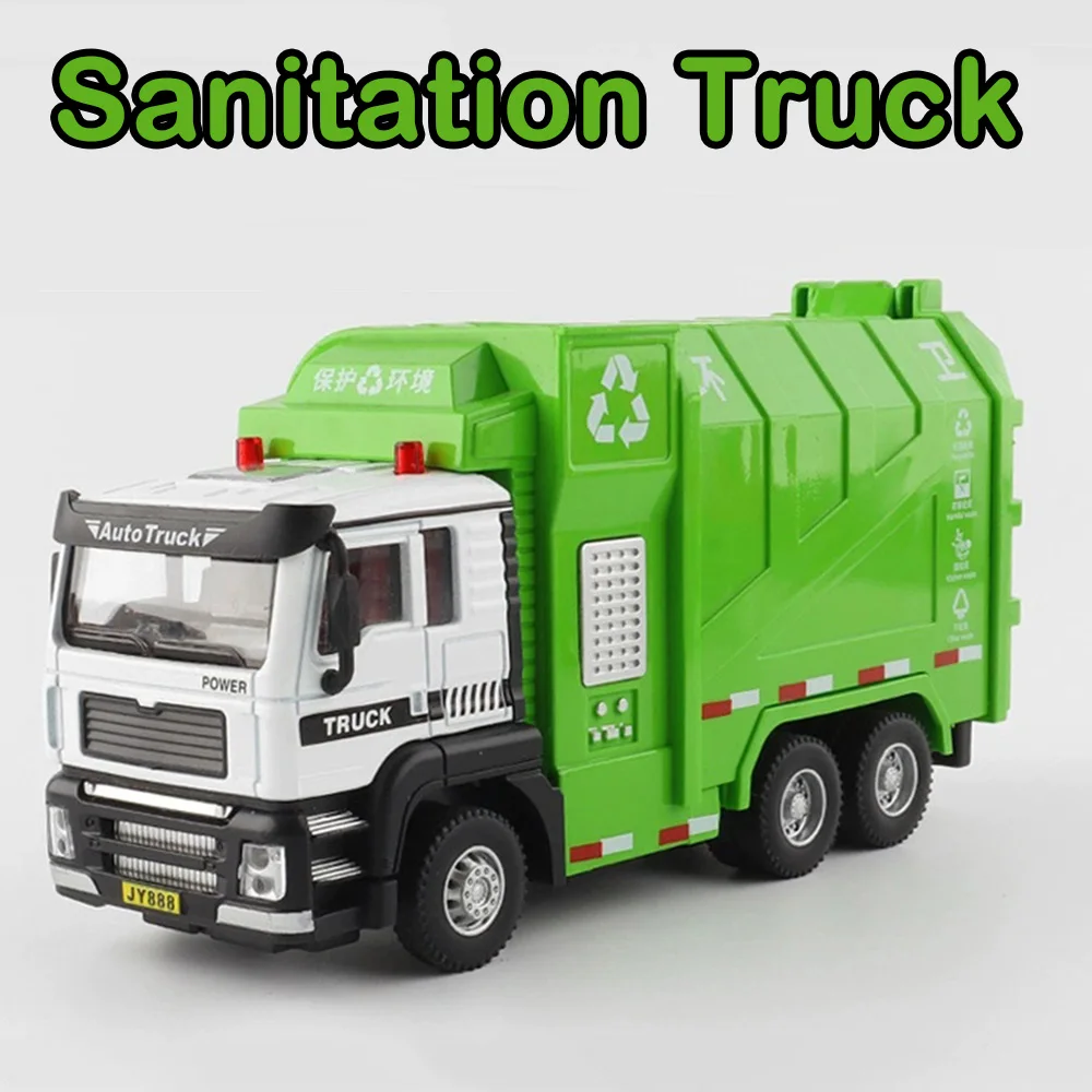 1/50 Sanitation Truck Model Car Toy Alloy Diecast Sprinkler Truck Rubber Tires Sound Light Pull Back Toys Festival Gift for Kids