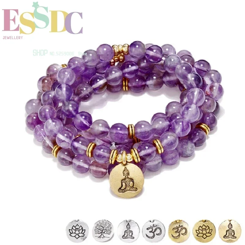 High Quality 108 Natural Purple Crystal Lotus Pendant Bracelet or Necklace  8mm Stone Apple Beads Female Long Hand String