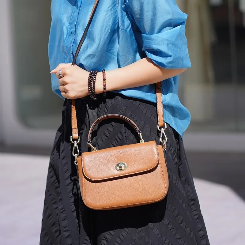 Fashionable Luxury Cow Leather Women Handbag Small Designer Lock Shoulder Bag Solid Color Ladies Cross Body Bag Top Handle Sac