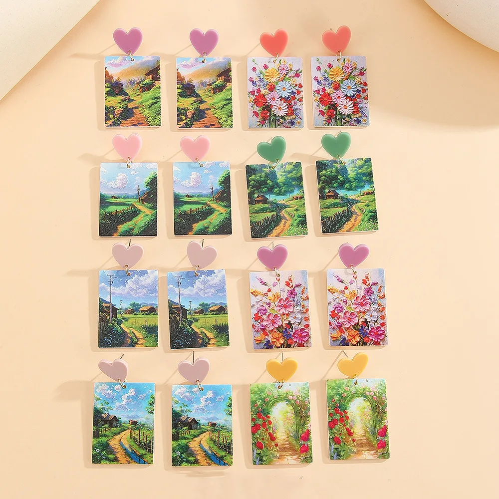 New oil painting color flower house stud earrings niche design sense spring and summer acrylic printing earrings factory direct