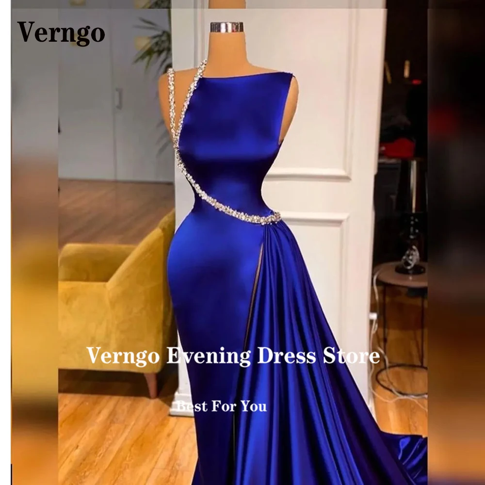 

Verngo Chic Royal Blue Satin Mermaid Evening Dresses Crystal Split Shiny Prom Dress Elegant Long Formal Special Occasion Gowns