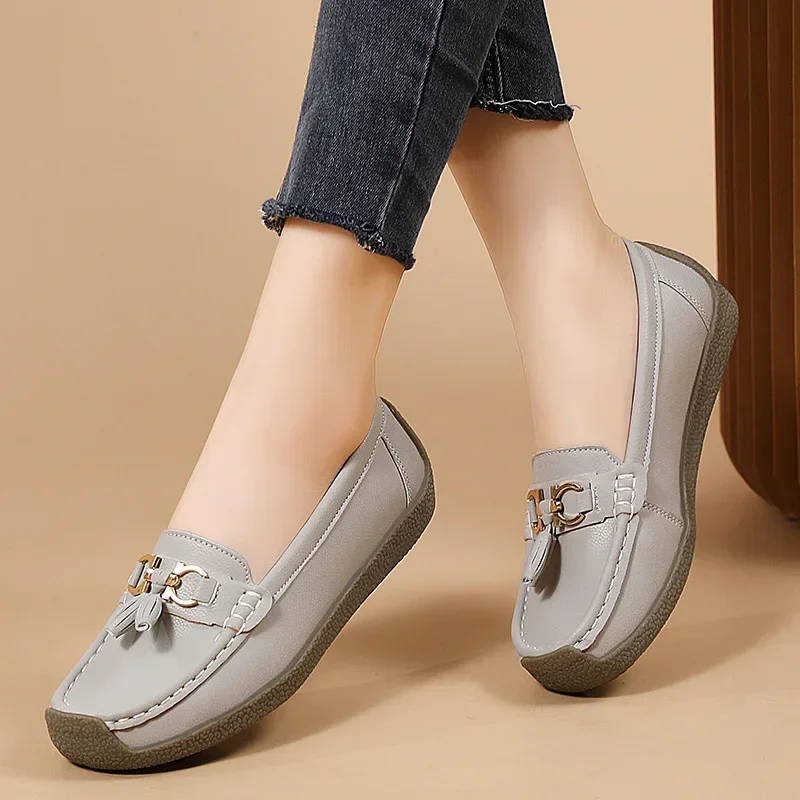 2024 Spring Autumn New Bean Shoes Women's Cow Genuine Leather Shoes Non slip Leather Shallow Mouth Four Seasons Single Shoes