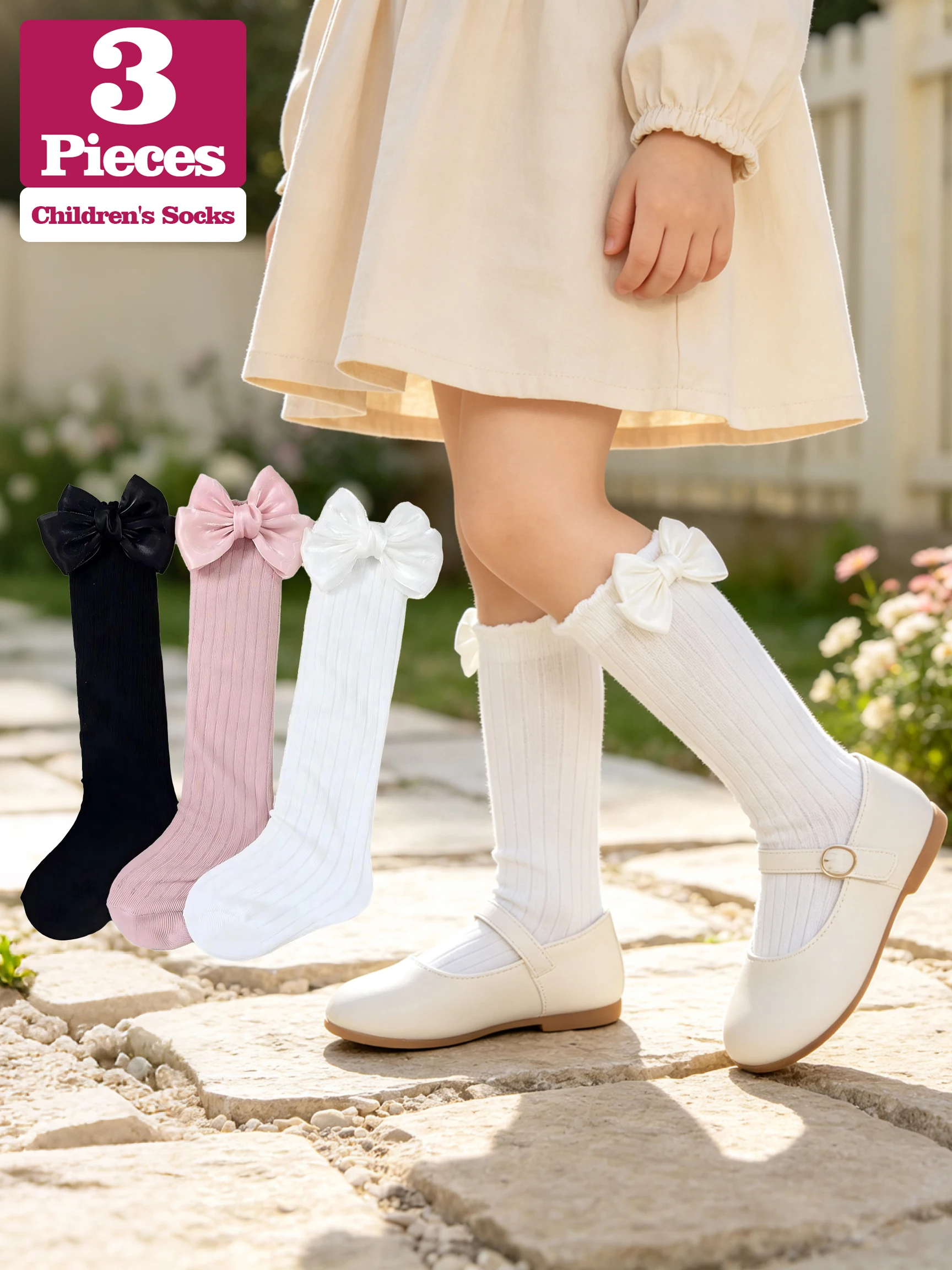3Pcs Cute Big Bow Girls Knee‑High Socks Solid Vertical Stripe Soft Stretchy Straight Socks All‑Season Daily Party Dress Outfit
