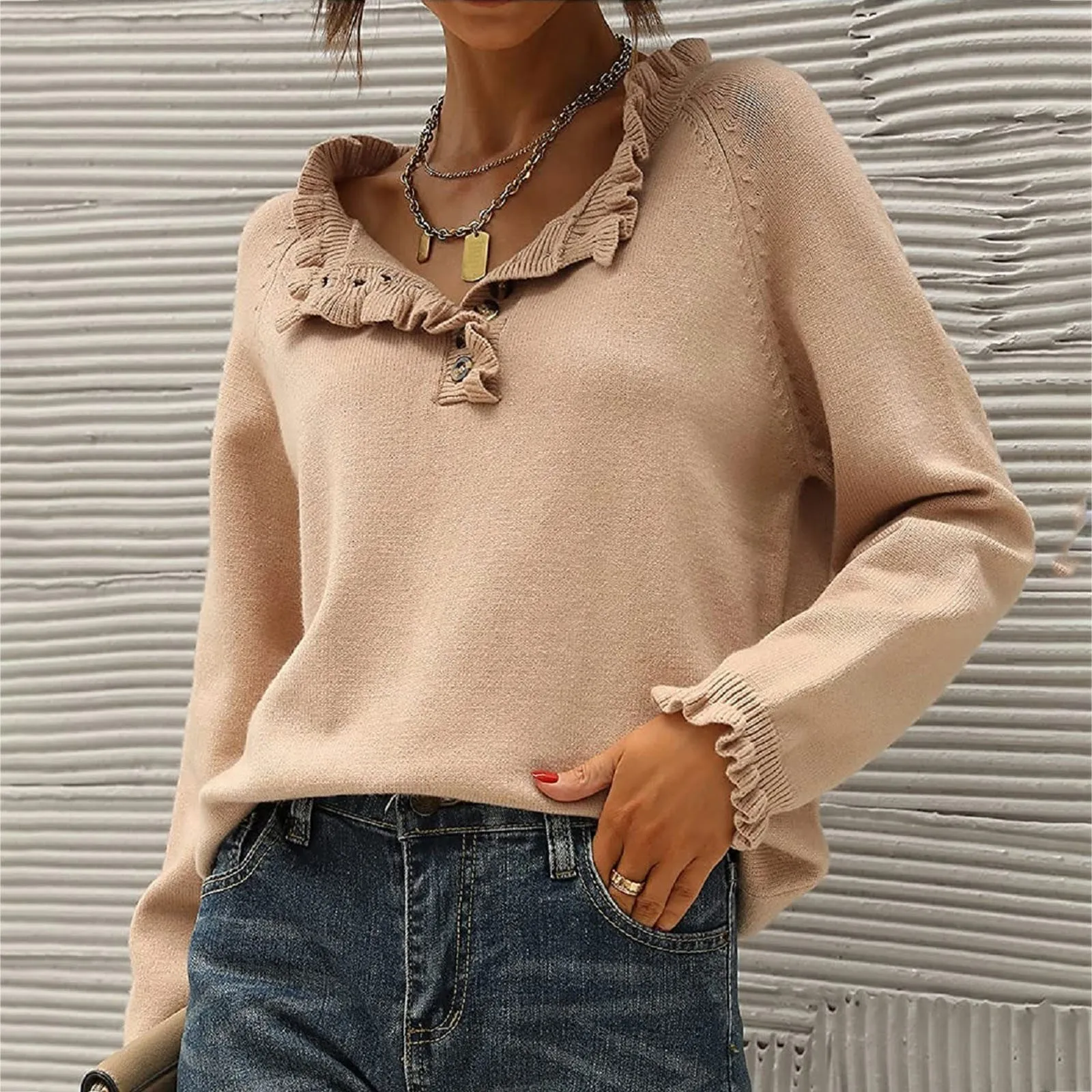 Women'S New Ruffled Pullover Sweater Solid Color Elegant Pullover Button-Up Trumpet Sleeve Stylish Top Casual All Match Sweater