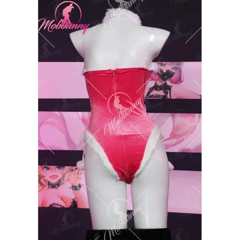 Mobbunny Women Christmas Peach Derivative Sexy Lingerie Cosplay Costume Bodysuit Plush  Romper with Cloak Gloves and Thigh Socks