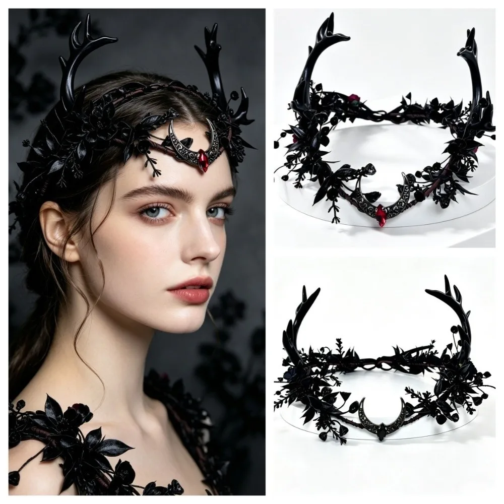 Elegant Vintage Antler Crown Gothic Style Handmade Woodland Headpiece Adjustable Ribbon Hair Crown Halloween Cosplay Wear