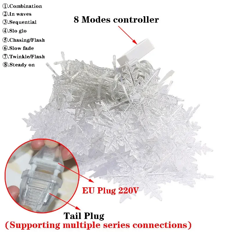 220V EU Plug LED Christmas Snowflake String Light 8 Modes Ice Pillar Curtain Light Street Garden Indoor Decorations for Home