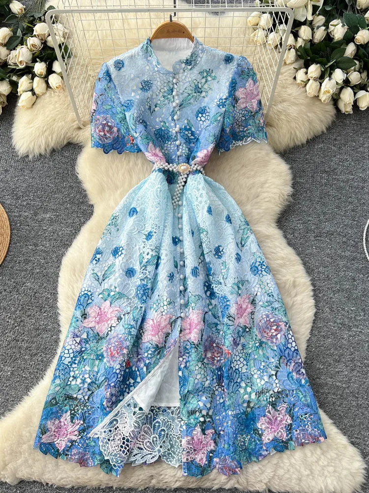 Elegante laço francês floral impressão recorte vestido feminino verão único breasted strass acentos cintura-emachecendo a linha vestido longo