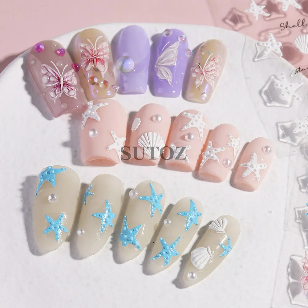 5D letnie oceaniczne naklejki na paznokcie muszle rozgwiazda litery naklejki motyl ulga suwaki Charms DIY Manicure dekoracje LEBJI-5D119