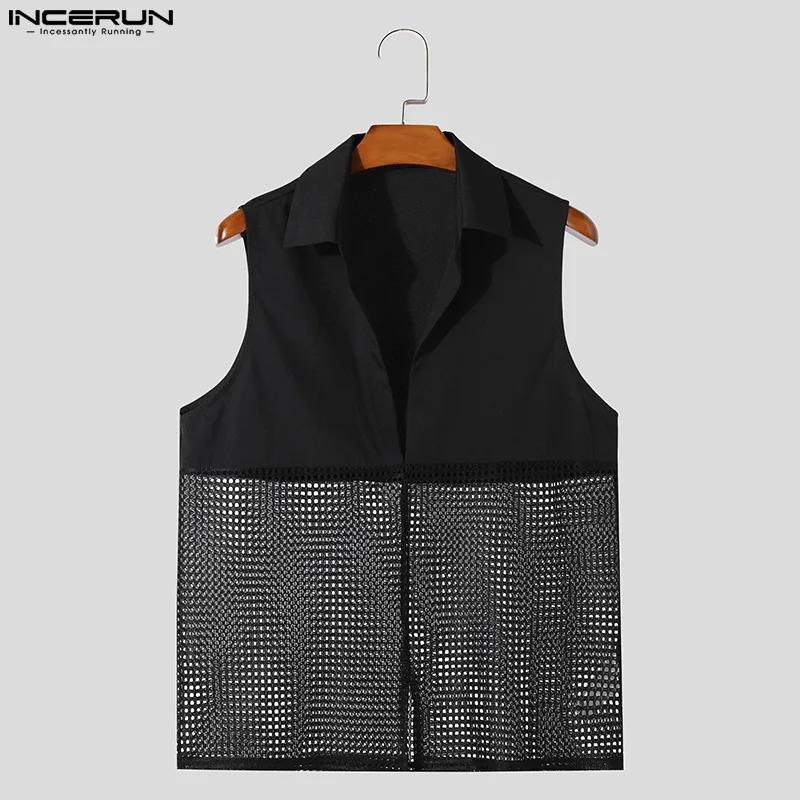 INCERUN 2024 Men Shirt Mesh Patchwork Lapel Sleeveless Streetwear Men Clothing Transparent Summer Fashion Casual Shirts S-5XL