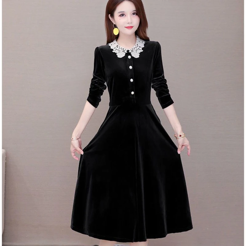 

Autumn Winter Women's Velvet Dress Elegant Peter Pan Collar Long Sleeve A-Line Dress Casual Knee Length Evening Party Dresses