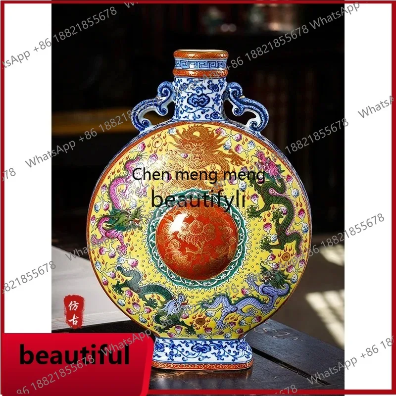 Hand-painted blue and white porcelain dragon and phoenix moon bottle Jingdezhen vase ceramic ornament  Chinese entrance r X