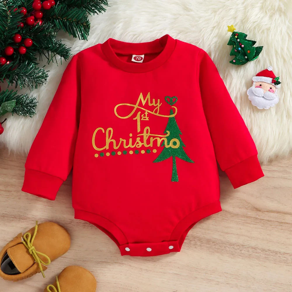 

Christmas Baby Clothes Christmas Tree and Letter Print Bodysuit Long Sleeve Newborn Girls Jumpsuit Infant Boys One Piece