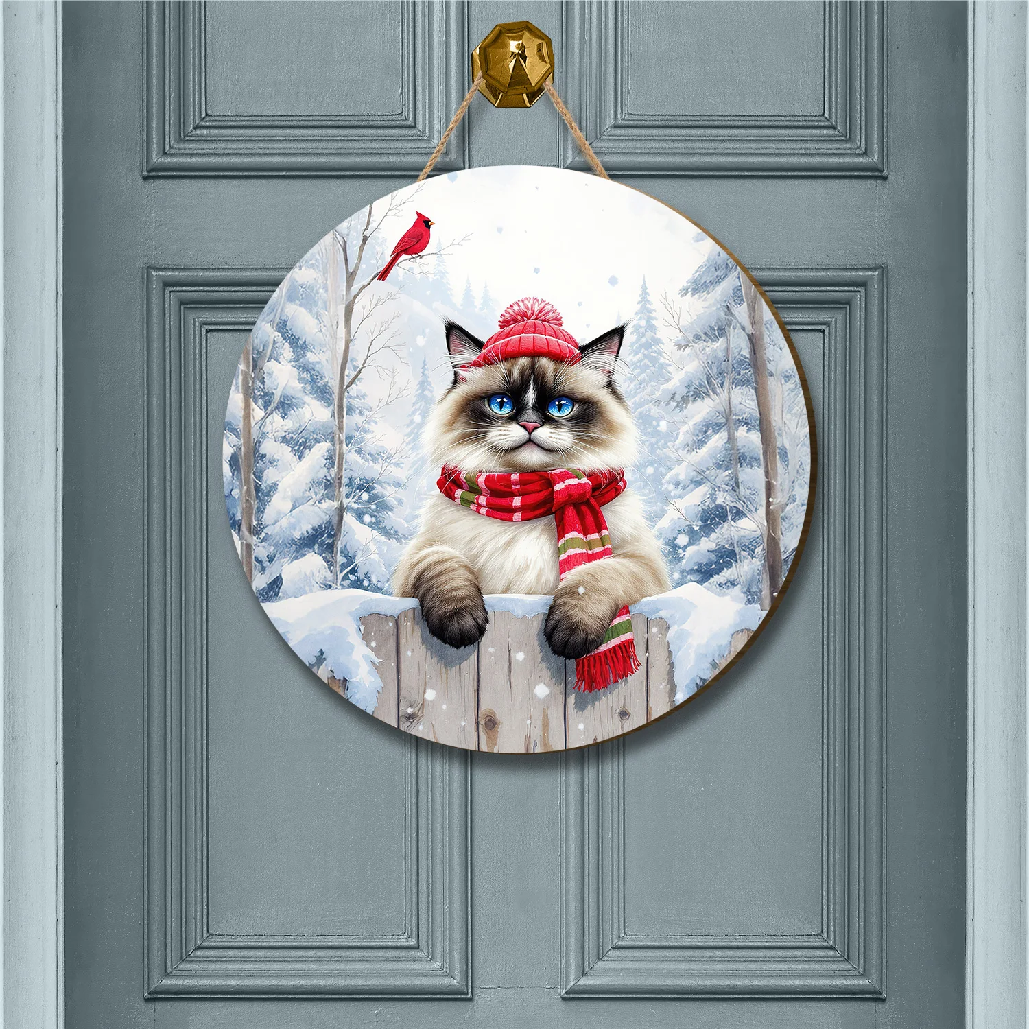 Playful Ragdoll Welcomes Winter Snowy Day with Cardinal Bird Round Wood Sign Cat Lover Kitten Owner Gifts Idea Hanging