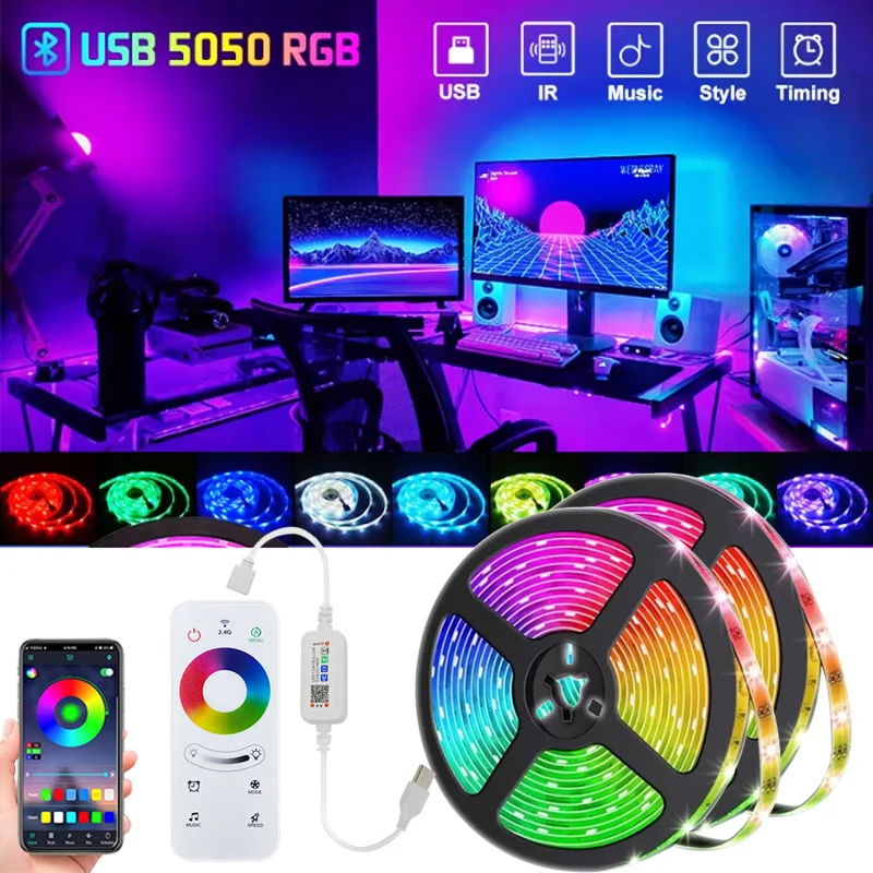 Wi-FiとBluetoothを備えたRGB LEDストリップライト,1m-30m, 5v,USB,TVバックライト,室内装飾