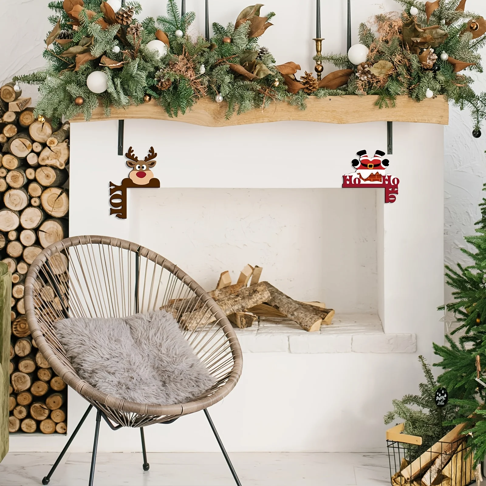 Christmas Door Frame Wooden Decor, Santa Claus Reindeer Door Corner Sign, HOHOHO JOY Wooden Ornament for Front Door Xmas Home Wa