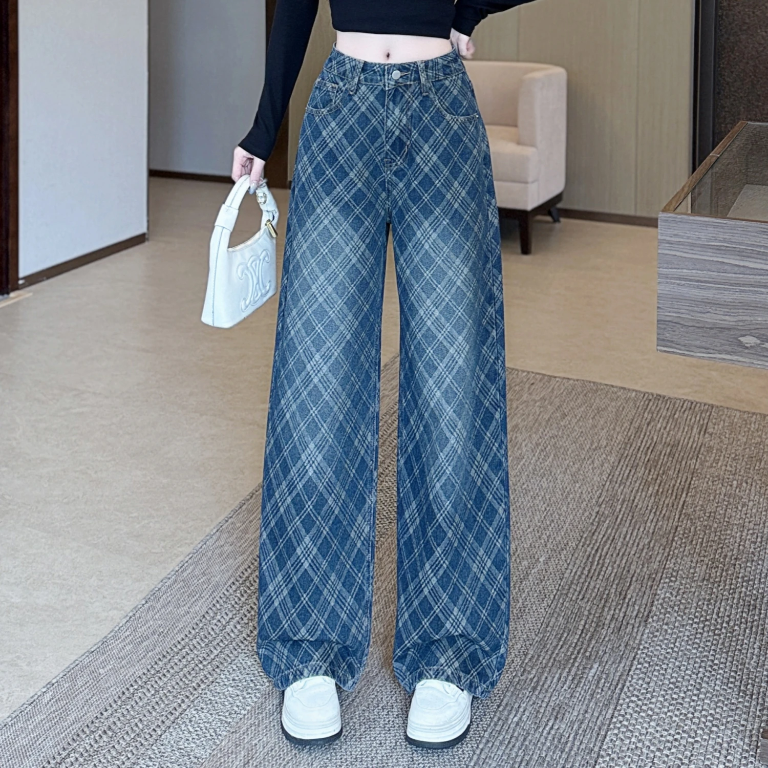Women's Petite Grid Pattern Denim Wide Leg Pants, Popular Narrow Version Casual Trousers, Versatile Daily Bottoms