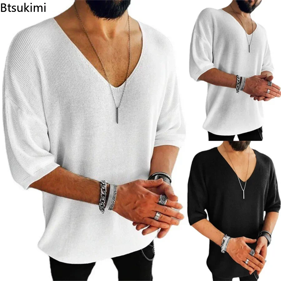 New 2024 Men\'s Summer Short Sleeve Knit Tops Shirts Casual V-neck British Loose Shirts Male Solid Shirts for Men Fashion Tops