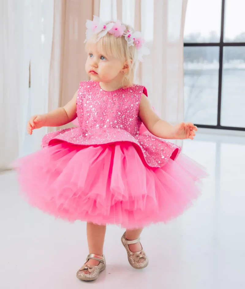 

New Tailored Flower Girl Dress Puffy Tulle Big Bow Tiered Baby Girl Dress Toddler Tutu Outfit Christening Dress