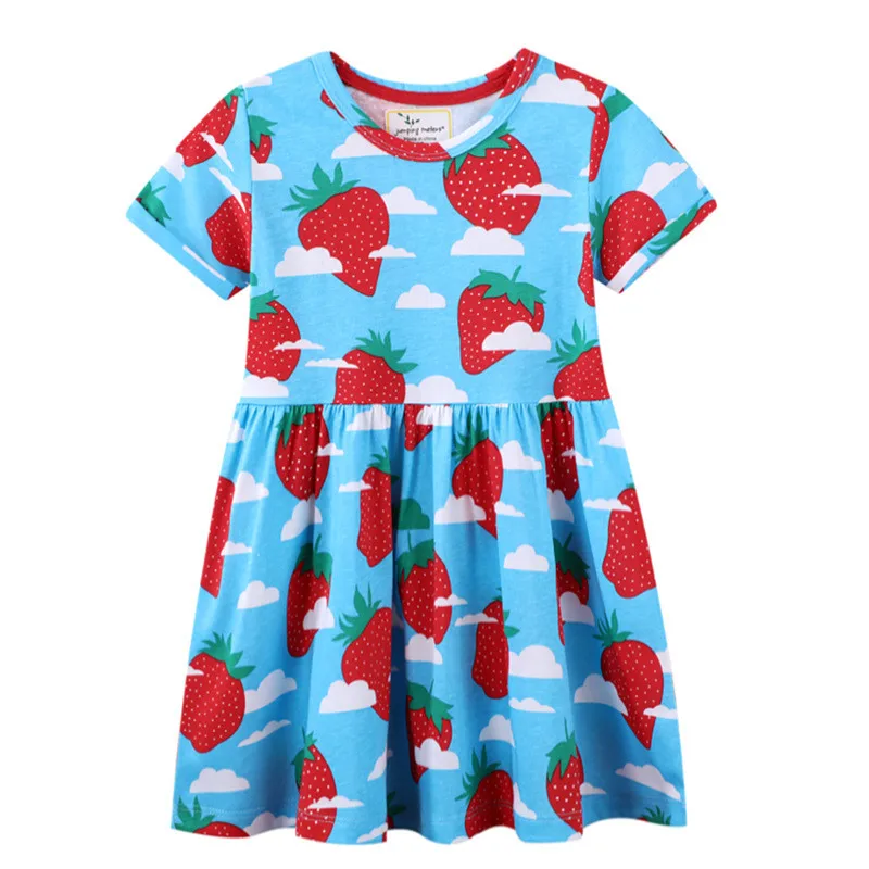 

Jumping Meters 2-7T Strawberry Summer Princess Girls Clothing Dresses Cute Baby Frocks Short Sleeve Cotton Costume Kids Wear