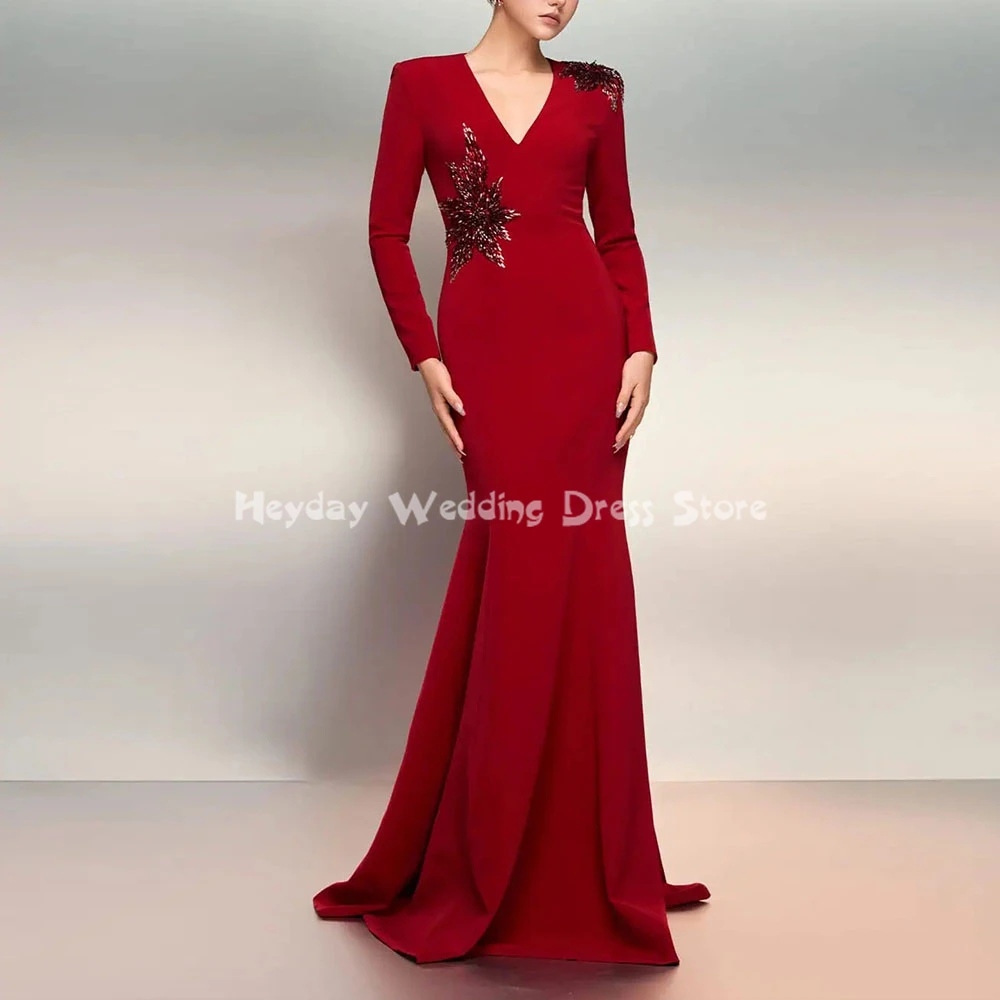 

Heyday Customized Women's Beaded V-neck Luxury Evening Dresses With Long Sleeves Mermaid Floor-Length Elegant Party Dresses 2025