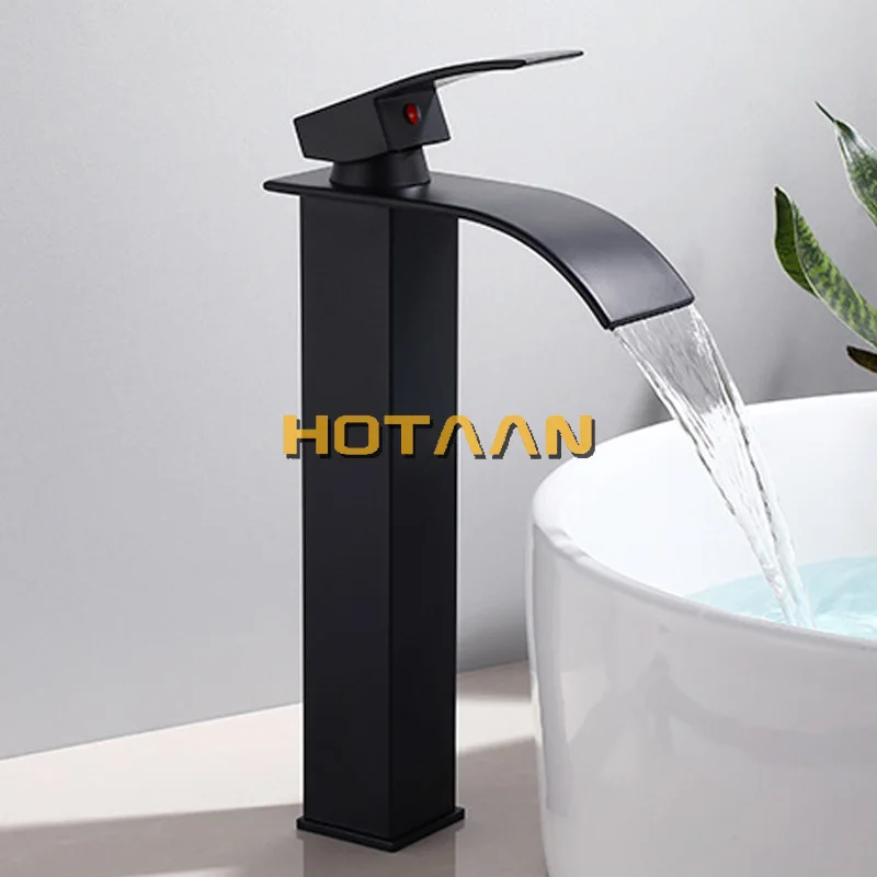 Waterfall Brass Basin Faucet Deck Mounted Single Lever Single Hole Cold&Hot Bathroom Basin Mixer Black Plated Tap