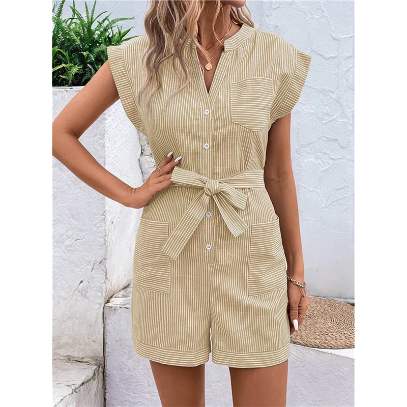 

【SEE】Women's Summer Short Sleeve Button Down Pockets Belted Jumpsuits Rompers