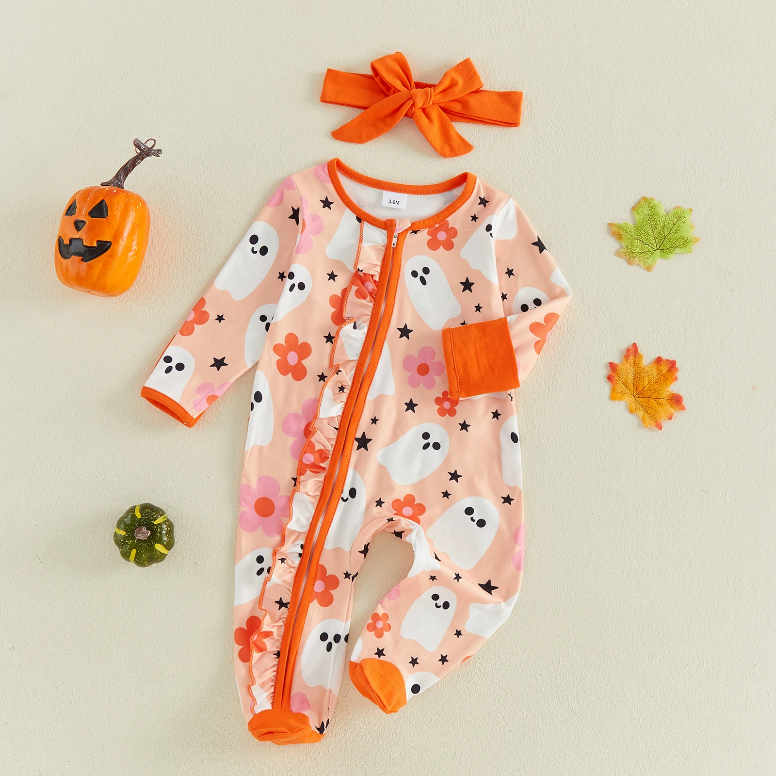 2 Pcs Infant Girl Halloween Outfit Long Sleeve Crew Neck Ghost Ruffle Trim Footed Romper Headband Set Baby Fall Clothes 3
