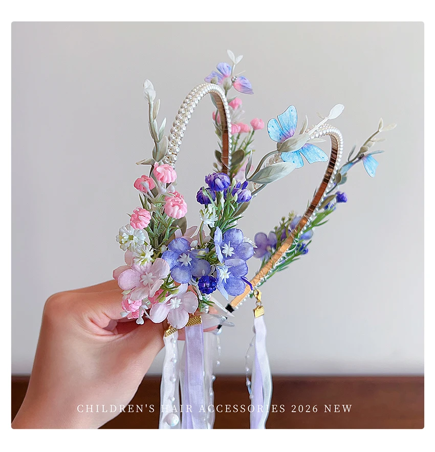 2026 Mädchen Perlenblumen-Haarreif mit abnehmbarem Bandquasten, chinesischer Hanfu-Stil, Haarband mit simulierten Blumen und Schmetterlingen – Detail 7