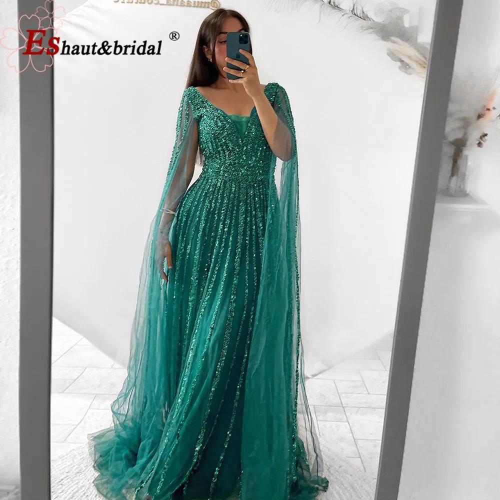 Elegant Green A-Line Beaded Evening Dress for Women 2023 Arabic Luxury Cape Sleeves V Neck Long Formal Prom Wedding Party Gowns