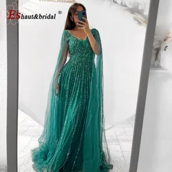 Elegant Green A-Line Beaded Evening Dress for Women 2023 Arabic Luxury Cape Sleeves V Neck Long Formal Prom Wedding Party Gowns