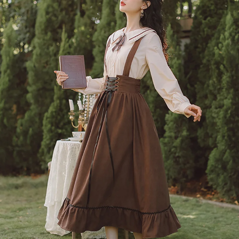 2023 Spring Summer Women Long Midi Suspender Skirt Teen Girls Preppy Style Cute Lace-Up High Waist Ruffle A-Line Skirts