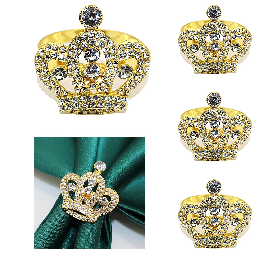 4Pcs Gold Napkin Rings Sparkling Crown Napkin Buckles Rhinestone Napkin Holder for Wedding Banquet Home Party Table Decoration