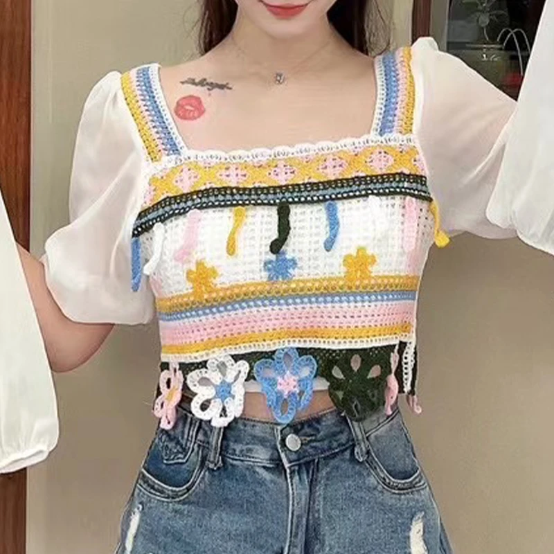 Woman Embroidered Flower Crochet Knit Top with Chiffon Sleeve Square Neck Open-knit Shirts  Summer Blouses Fairycore Outfit